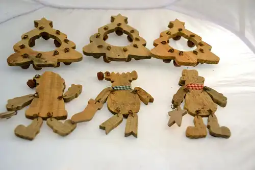 Christbaumschmuck,.6  bemalte Holzbäume u. Figuren,20.Jhdt, Klinkenanhänger