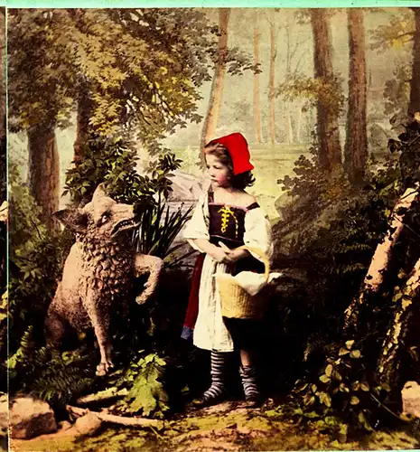 2 Stereofotografien,Rotkäppchen beim Wolf od. im Walde,ca.1900