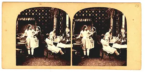 3 Stereofotografien,Frauen b. Nähen,Musizieren u. Ankleiden,ca.1900