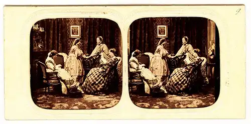 3 Stereofotografien,Frauen b. Nähen,Musizieren u. Ankleiden,ca.1900