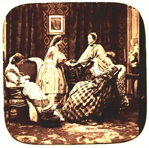 3 Stereofotografien,Frauen b. Nähen,Musizieren u. Ankleiden,ca.1900