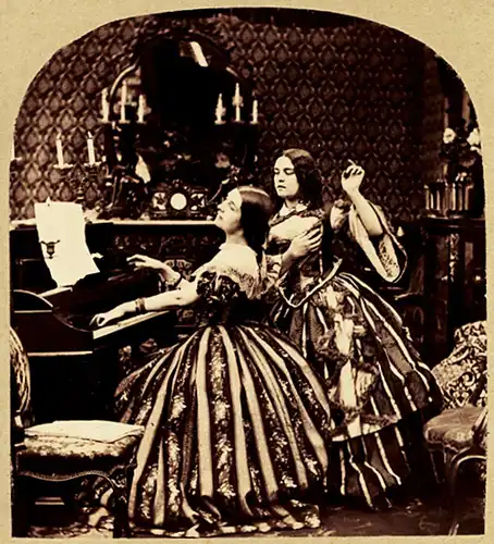 3 Stereofotografien,Frauen b. Nähen,Musizieren u. Ankleiden,ca.1900