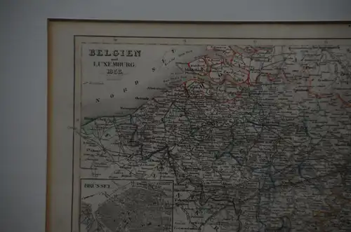 Landkarte Belgien u. Luxemburg, Kupferstich teilkoloriert, 1855