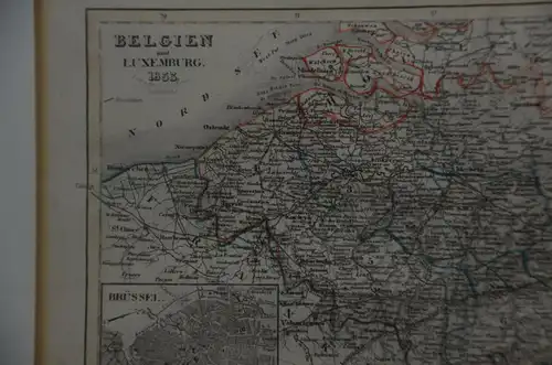 Landkarte Belgien u. Luxemburg, Kupferstich teilkoloriert, 1855