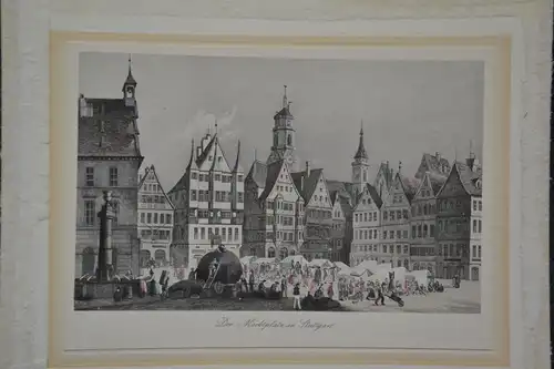 Stahlstich,koloriert, Markt in Stuttgart, etwa 1850
