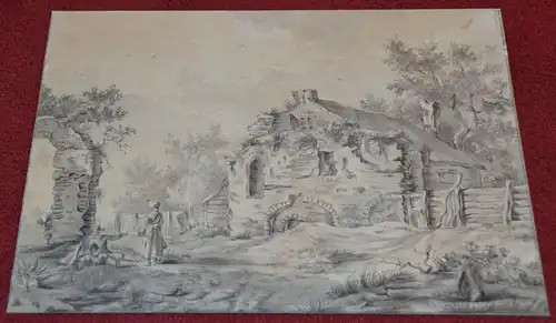 Mischtechnik,Bleistift,Tusche,Aquarell,wohl 18.Jhdt,Ruine mit zwei Personen