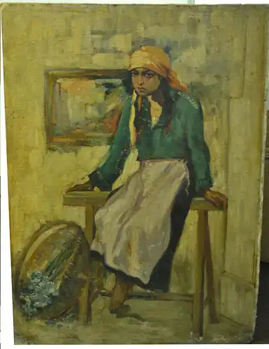 Gemälde,Junges Mädchen ev. Marokkanerin,sitzt auf einem Tisch. bez.und signiert