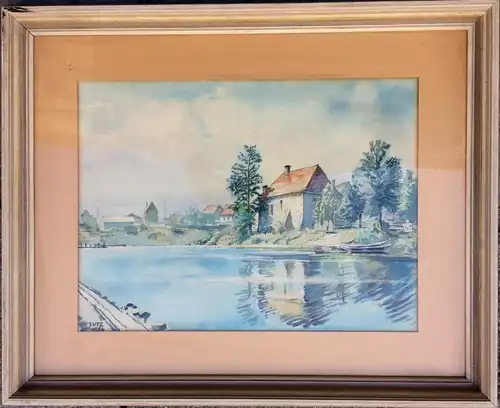 Aquarell „Teichmühle bei Regensburg“, signiert „Lutz 1954“, gerahmt hinter Glas