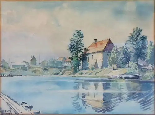 Aquarell „Teichmühle bei Regensburg“, signiert „Lutz 1954“, gerahmt hinter Glas