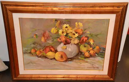 Gemälde,Öl a.Leinwand,Blumen und Obst,signiert,ca.1970