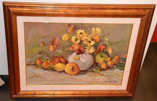 Gemälde,Öl a.Leinwand,Blumen und Obst,signiert,ca.1970