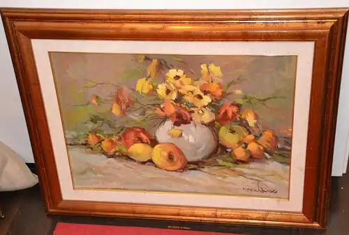 Gemälde,Öl a.Leinwand,Blumen und Obst,signiert,ca.1970