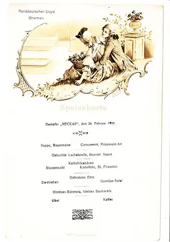 Dampfer Neckar,26.02.1911,Norddeutscher LLoyd Bremen,Speisekarte ,