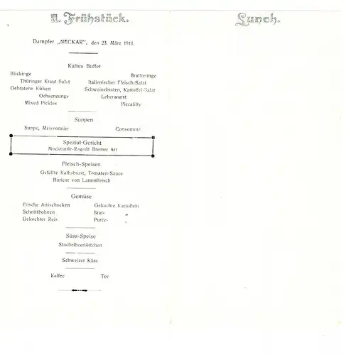 Dampfer Neckar,1911,Norddeutscher LLoyd Bremen,Speisekarte ,II.Frühstück