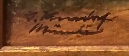Dekoratives kleines Ölbild einer Flußlandschaft, signiert, gerahmt