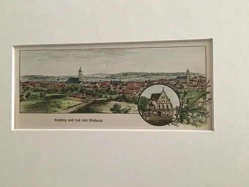 Grafik, Holzschnitt koloriert, Amberg und das Rathaus