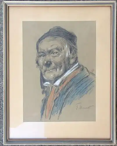 Buntstiftzeichnung Portrait von Ferdinand Mirwald, gerahmt hinter Glas, signiert