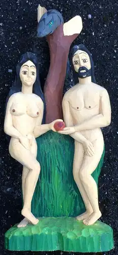 Holzgeschnitzte gefaßte Skulptur Adam und Eva wohl von Mieczyslaw Gaja, 1980er