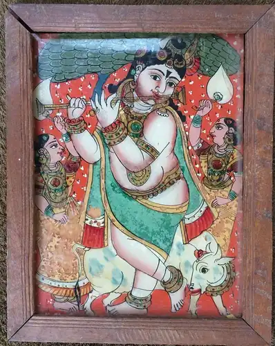 Hinterglasbild Tanjore-Malerei Krishna Murali (Krishna als Flötenspieler)