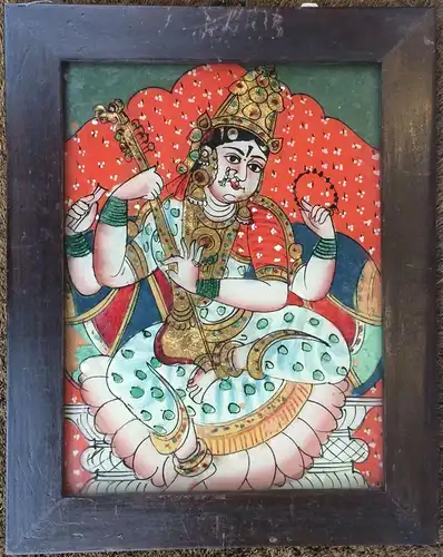 Hinterglasbild Tanjore-Malerei Portrait Saraswati Devi, gerahmt
