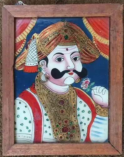 Hinterglasbild Tanjore-Malerei Portrait eines indischen Königs, gerahmt