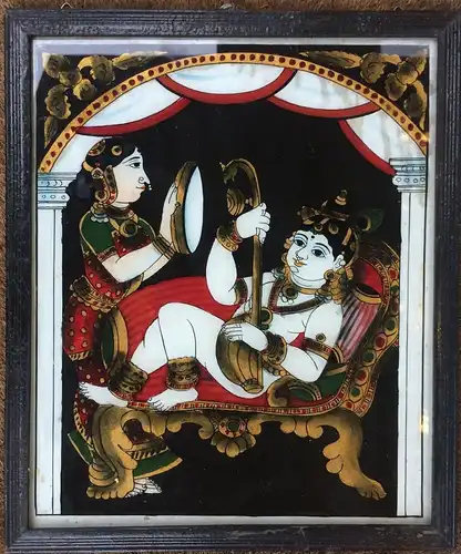 Hinterglasbild Tanjore-Malerei Raja und Rani, gerahmt