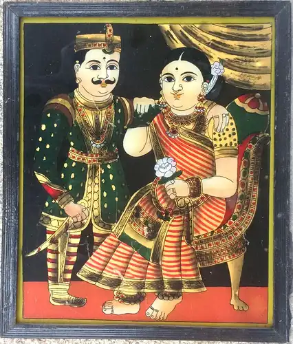 Hinterglasbild Tanjore-Malerei Raja und Rani, gerahmt