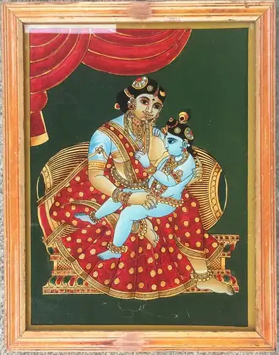 Hinterglasbild Tanjore-Malerei Yashoda mit Baby Krishna, gerahmt