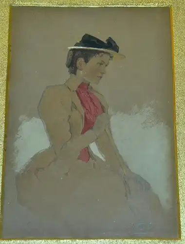 Bleistiftzeichnung,Portrait e. jungen Frau,koloriert, weiß gehöht,monogrammiert