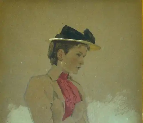 Bleistiftzeichnung,Portrait e. jungen Frau,koloriert, weiß gehöht,monogrammiert