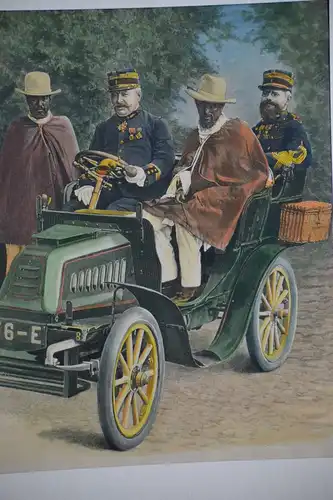 Holzschnitt, koloriert, französische Offiziere in Afrika, Ende 1900