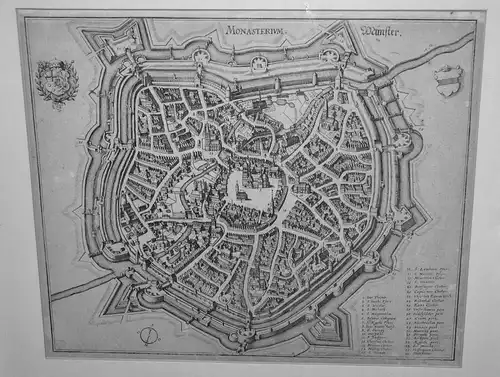 Münster. "Monasterium. Münster". Orig. Kupferstich, M. Merian, 1647. 2 Wappen