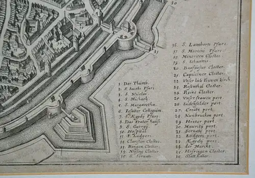 Münster. "Monasterium. Münster". Orig. Kupferstich, M. Merian, 1647. 2 Wappen