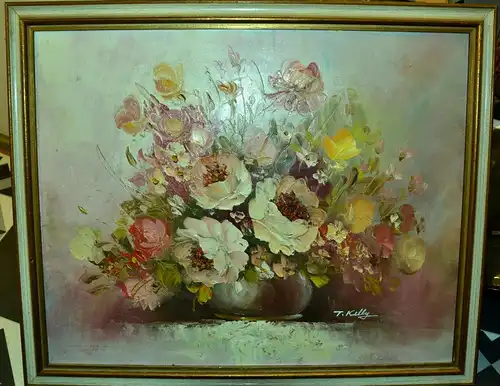 Gemälde, Öl auf Platte,Blumenstilleben .sign.: T.Kelly, ca.1950,gerahmt