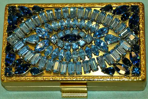 Abendtasche m.blauen Steinen,Fächer f. Puder,Lippenstift,Spiegel,vergoldet,1957