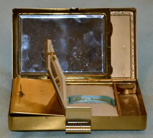 Abendtasche m.blauen Steinen,Fächer f. Puder,Lippenstift,Spiegel,vergoldet,1957