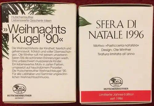 Zwei Weihnachtskugeln der Firma HUTSCHENREUTHER 1990 und 1996 in Orig.schachteln