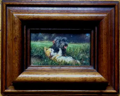 Kleines Ölbild Hund und Katze von Siegfried Hafeneder, gerahmt