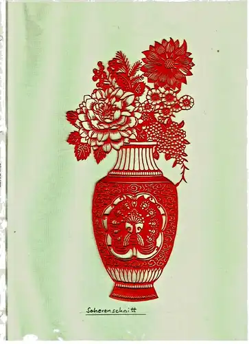 Original-Scherenschnitt „Vase mit Blumen“ aus rotem Papier, sehr dekorativ