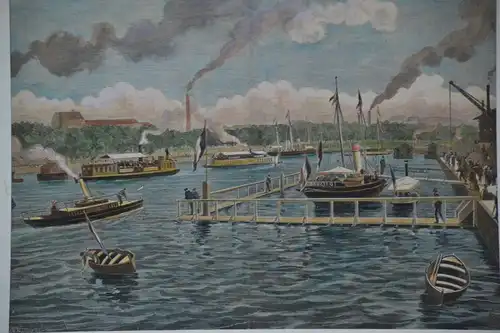 Holzschnitt koloriert, Vue de la Seine, Exposition maritime, etwa 1870