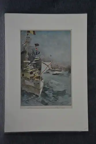 Stahlstich koloriert, Dunkerque, Russische Flotte, 1901