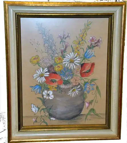 Blumenbild,Vase,Mischtechnik,Tusche+ Aquarellfarben,monogrammiert "LW"
