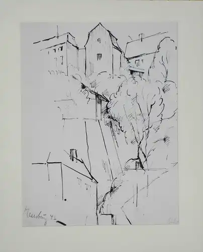 Drawing, black ink and feather on paper, houses in Meersburg (Lake Constance)
