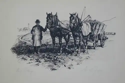 Lithografie,Eric Jeger,Original lithography, paesant a. cart in the countryside