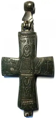 Byzantinisches Enkolpion, Reliquienkreuz, Bronze mit Darstellung d. Muttergottes