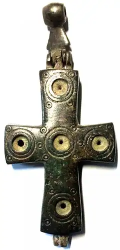 Byzantinisches Enkolpion, Reliquienkreuz, Bronze mit Darstellung d. Muttergottes
