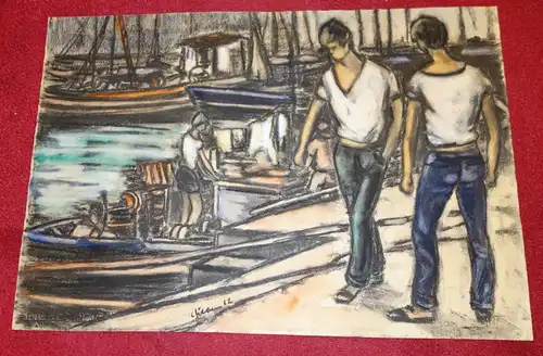 Zeichnung auf Papier,Mischtechnik,farbig,Hafenszene,1962