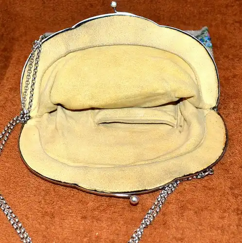 Glasperlenhandtasche,Silberbügel,sehr guter Zustand,Leder gefüttert,ca 1890