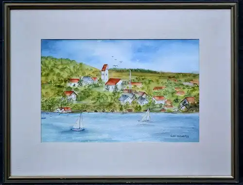 Aquarell, See mit Dorf und Kirche, Ruth Wunderl, 1988