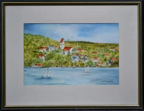 Aquarell, See mit Dorf und Kirche, Ruth Wunderl, 1988